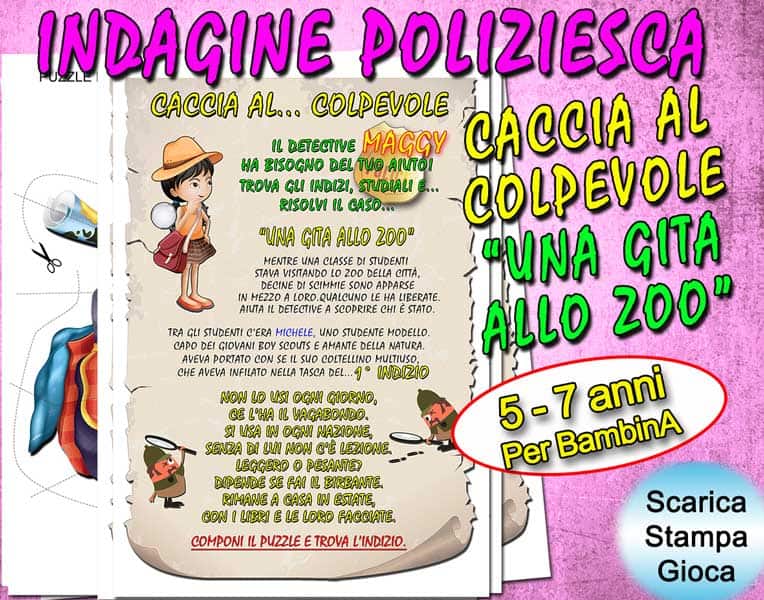 caccia al colpevole "una gita allo zoo" per bambina PDF 5-7 anni