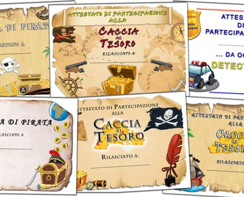 Rendi la tua caccia al tesoro un esperienza indimenticabile con un attestato di partecipazione alla caccia al tesoro per bambini e il diploma di pirata.