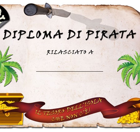 diploma di pirata per la caccia al tesoro all'aperto l'isola che non c'è